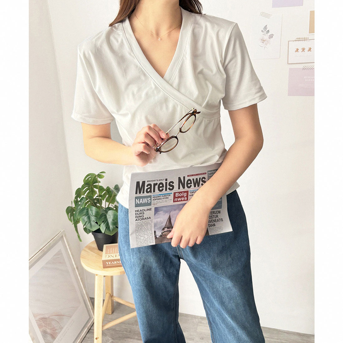 アミュレット Amulet クロスデザインVネックTシャツ ラフ デイリー シャツ カシュクール Tシャツ カジュアル 韓国 ファッション レディース 春夏 着回し 体型カバー （ホワイト） ホワイト
