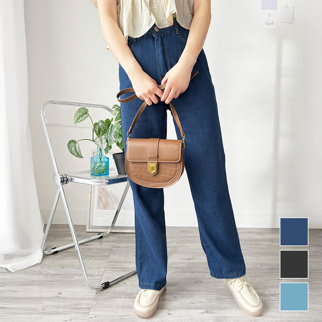 アミュレット Amulet ワイドストレートデニム風パンツ ワイド パンツ 体型カバー 韓国 ファッション レディース 春夏 着回し 軽やか 通勤 旅行 カジュアル ハイウエスト （ブラック） ブラック