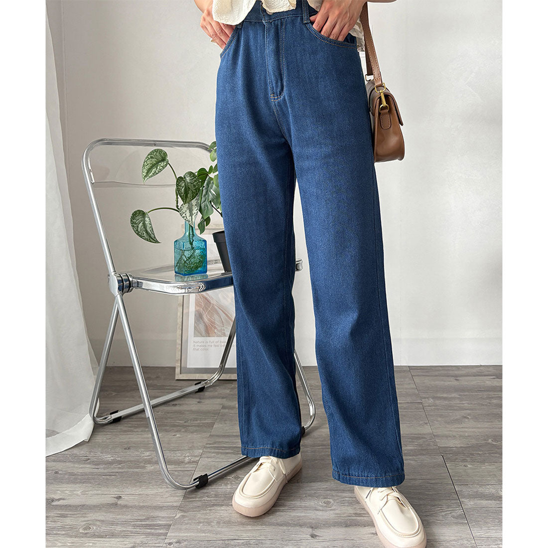 アミュレット Amulet ワイドストレートデニム風パンツ ワイド パンツ 体型カバー 韓国 ファッション レディース 春夏 着回し 軽やか 通勤 旅行 カジュアル ハイウエスト （ブラック） ブラック