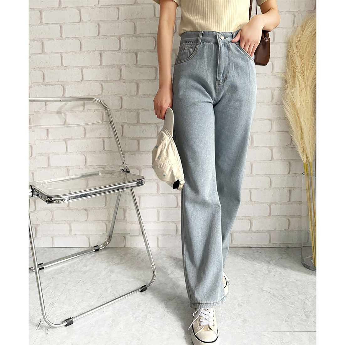 アミュレット Amulet ワイドストレートデニム風パンツ ワイド パンツ 体型カバー 韓国 ファッション レディース 春夏 着回し 軽やか 通勤 旅行 カジュアル ハイウエスト （ブラック） ブラック