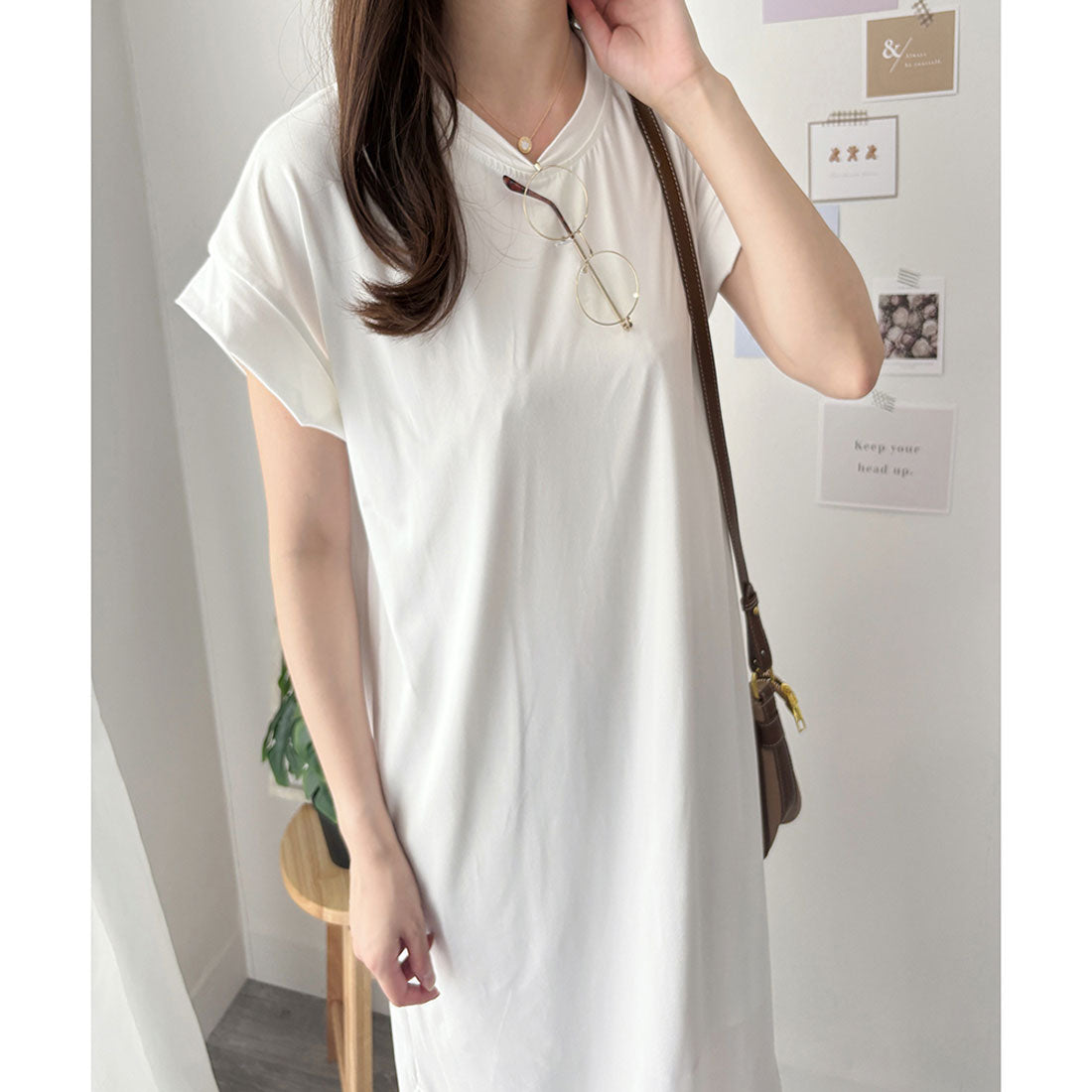 アミュレット Amulet 半袖ロングTシャツワンピース 夏トップス 半袖 デイリー ラフ マキシ シャツ 着回し オフィス カジュアル シンプル 体型カバー 軽やか スリット （ホワイト） ホワイト