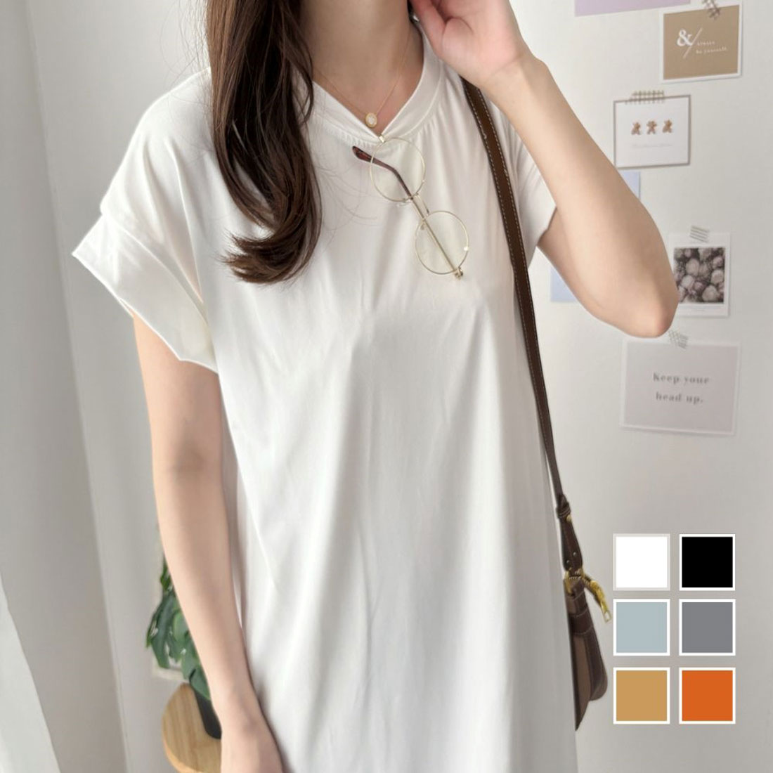アミュレット Amulet 半袖ロングTシャツワンピース 夏トップス 半袖 デイリー ラフ マキシ シャツ 着回し オフィス カジュアル シンプル 体型カバー 軽やか スリット （ホワイト） ホワイト