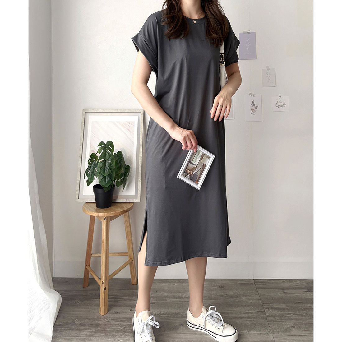 アミュレット Amulet 半袖ロングTシャツワンピース 夏トップス 半袖 デイリー ラフ マキシ シャツ 着回し オフィス カジュアル シンプル 体型カバー 軽やか スリット （ホワイト） ホワイト