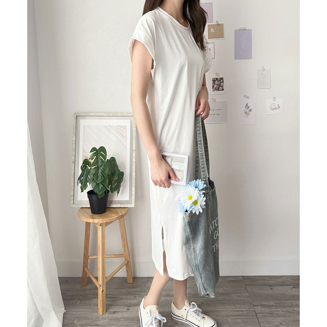 アミュレット Amulet 半袖ロングTシャツワンピース 夏トップス 半袖 デイリー ラフ マキシ シャツ 着回し オフィス カジュアル シンプル 体型カバー 軽やか スリット （ホワイト） ホワイト