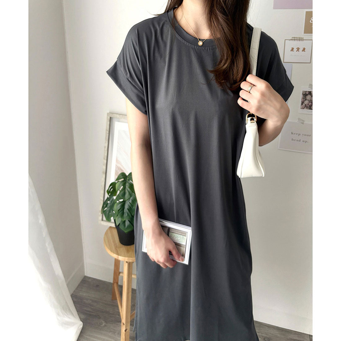 アミュレット Amulet 半袖ロングTシャツワンピース 夏トップス 半袖 デイリー ラフ マキシ シャツ 着回し オフィス カジュアル シンプル 体型カバー 軽やか スリット （ホワイト） ホワイト