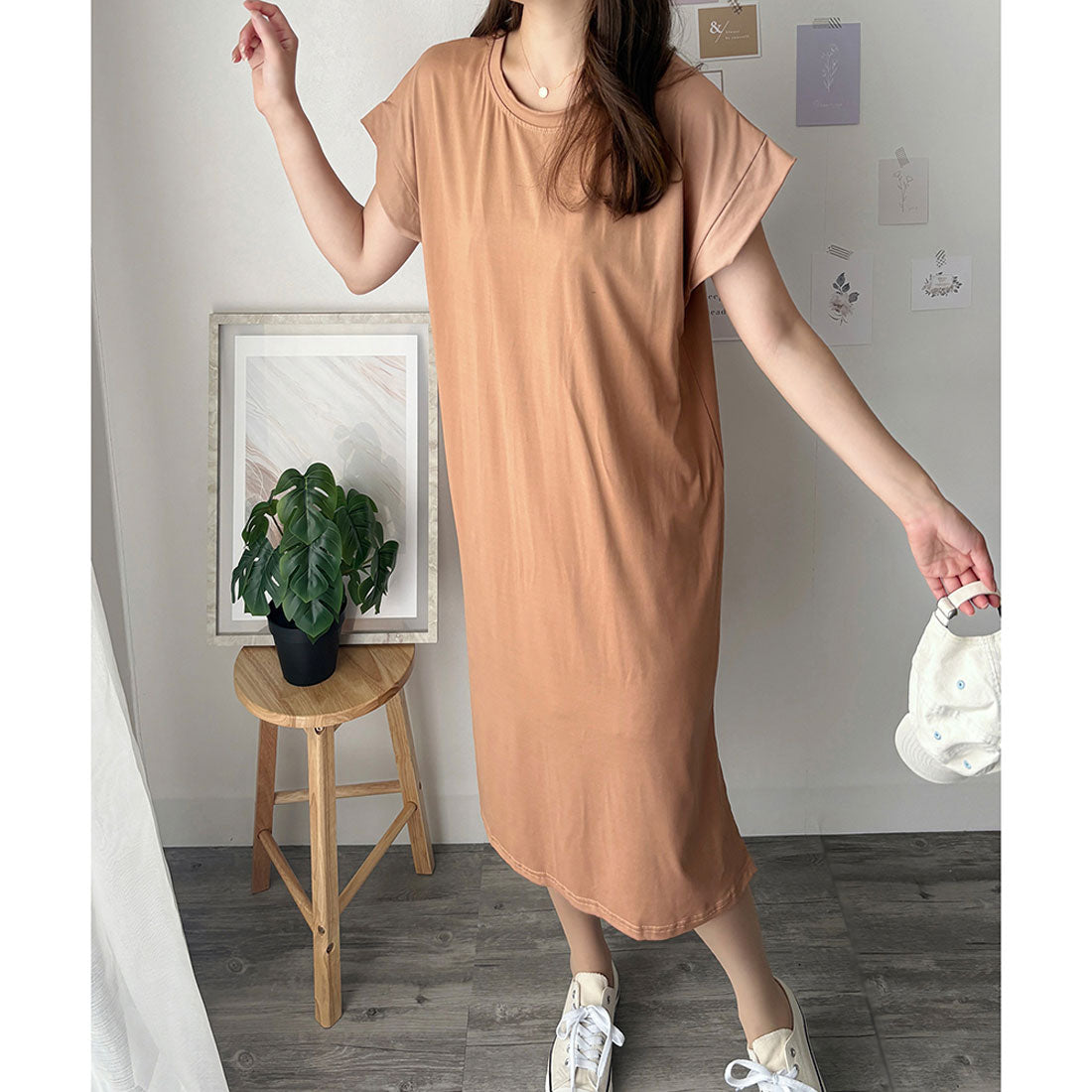 アミュレット Amulet 半袖ロングTシャツワンピース 夏トップス 半袖 デイリー ラフ マキシ シャツ 着回し オフィス カジュアル シンプル 体型カバー 軽やか スリット （ホワイト） ホワイト
