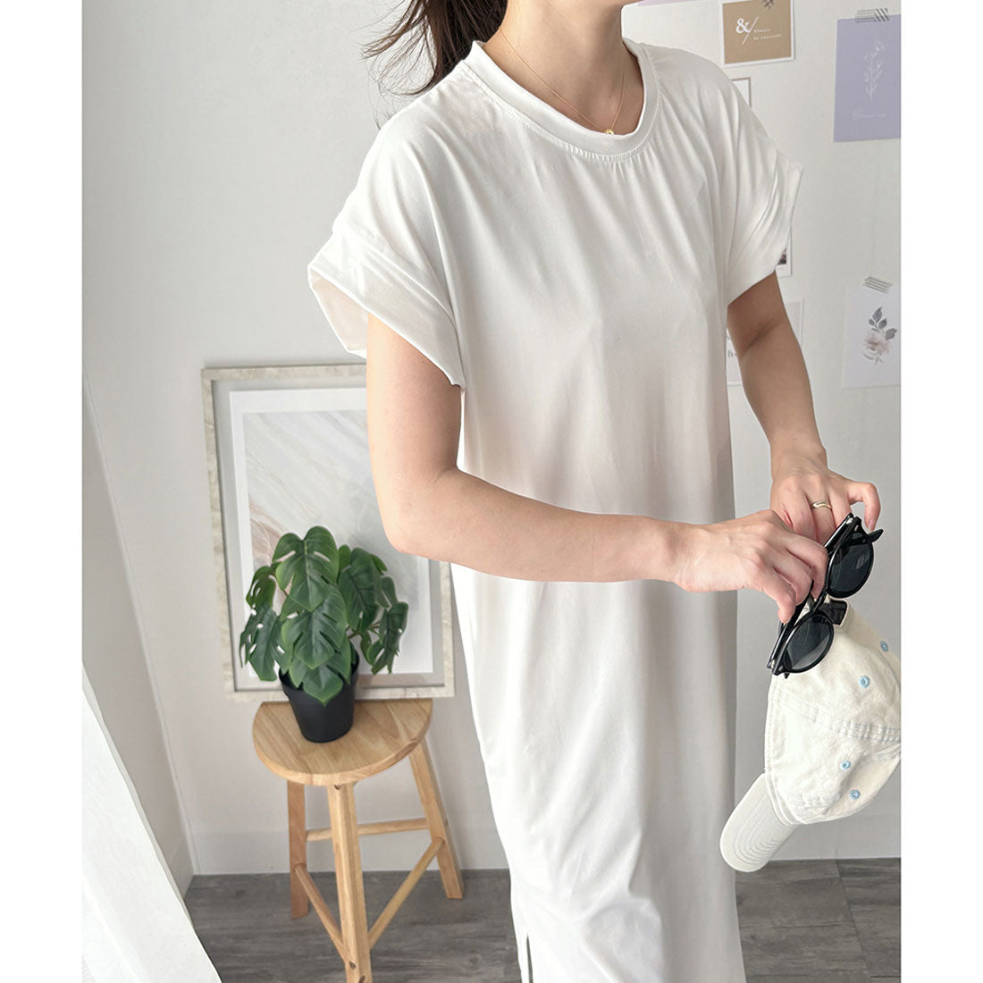 アミュレット Amulet 半袖ロングTシャツワンピース 夏トップス 半袖 デイリー ラフ マキシ シャツ 着回し オフィス カジュアル シンプル 体型カバー 軽やか スリット （ホワイト） ホワイト