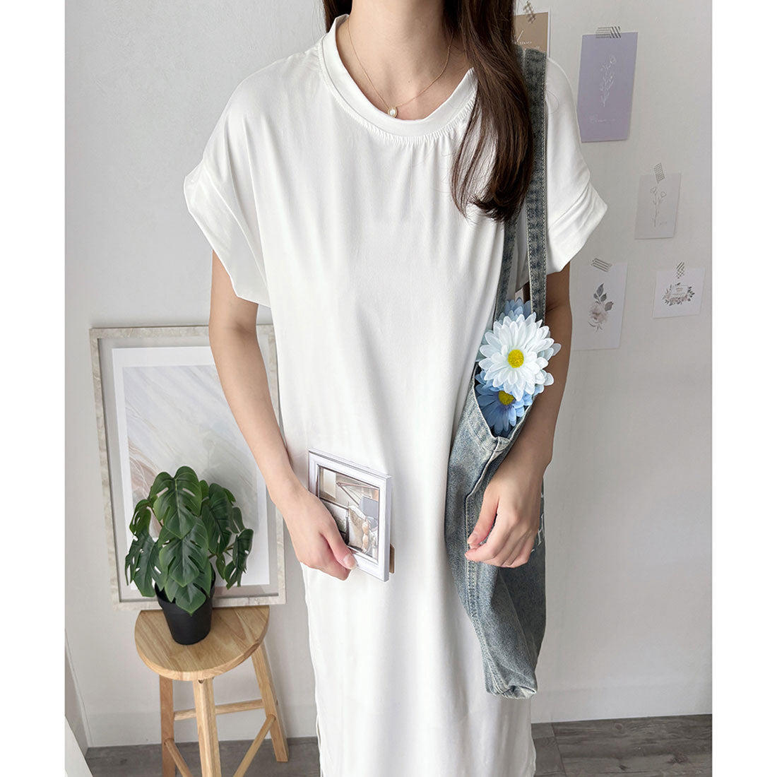 アミュレット Amulet 半袖ロングTシャツワンピース 夏トップス 半袖 デイリー ラフ マキシ シャツ 着回し オフィス カジュアル シンプル 体型カバー 軽やか スリット （ホワイト） ホワイト