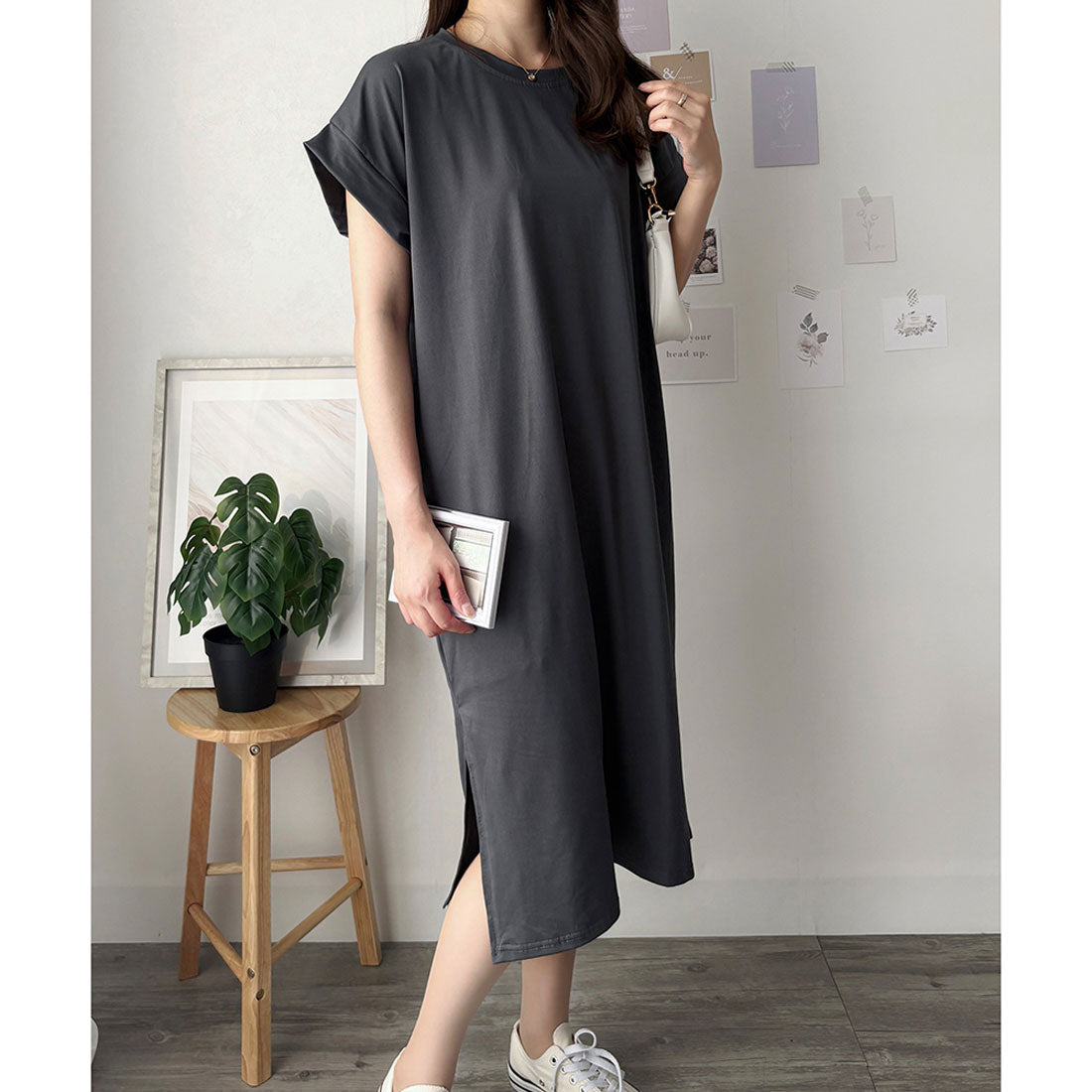 アミュレット Amulet 半袖ロングTシャツワンピース 夏トップス 半袖 デイリー ラフ マキシ シャツ 着回し オフィス カジュアル シンプル 体型カバー 軽やか スリット （ホワイト） ホワイト