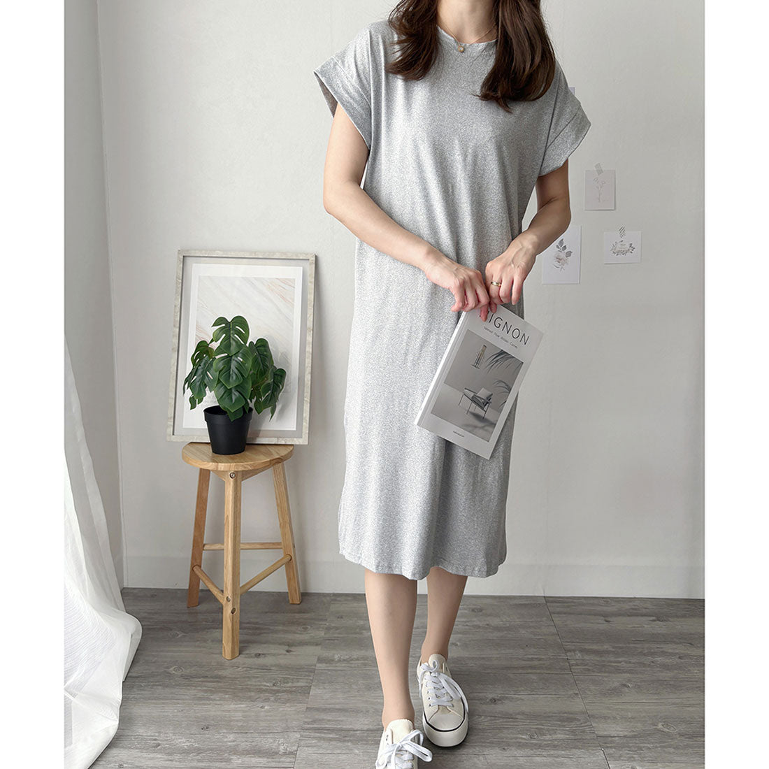 アミュレット Amulet 半袖ロングTシャツワンピース 夏トップス 半袖 デイリー ラフ マキシ シャツ 着回し オフィス カジュアル シンプル 体型カバー 軽やか スリット （ホワイト） ホワイト