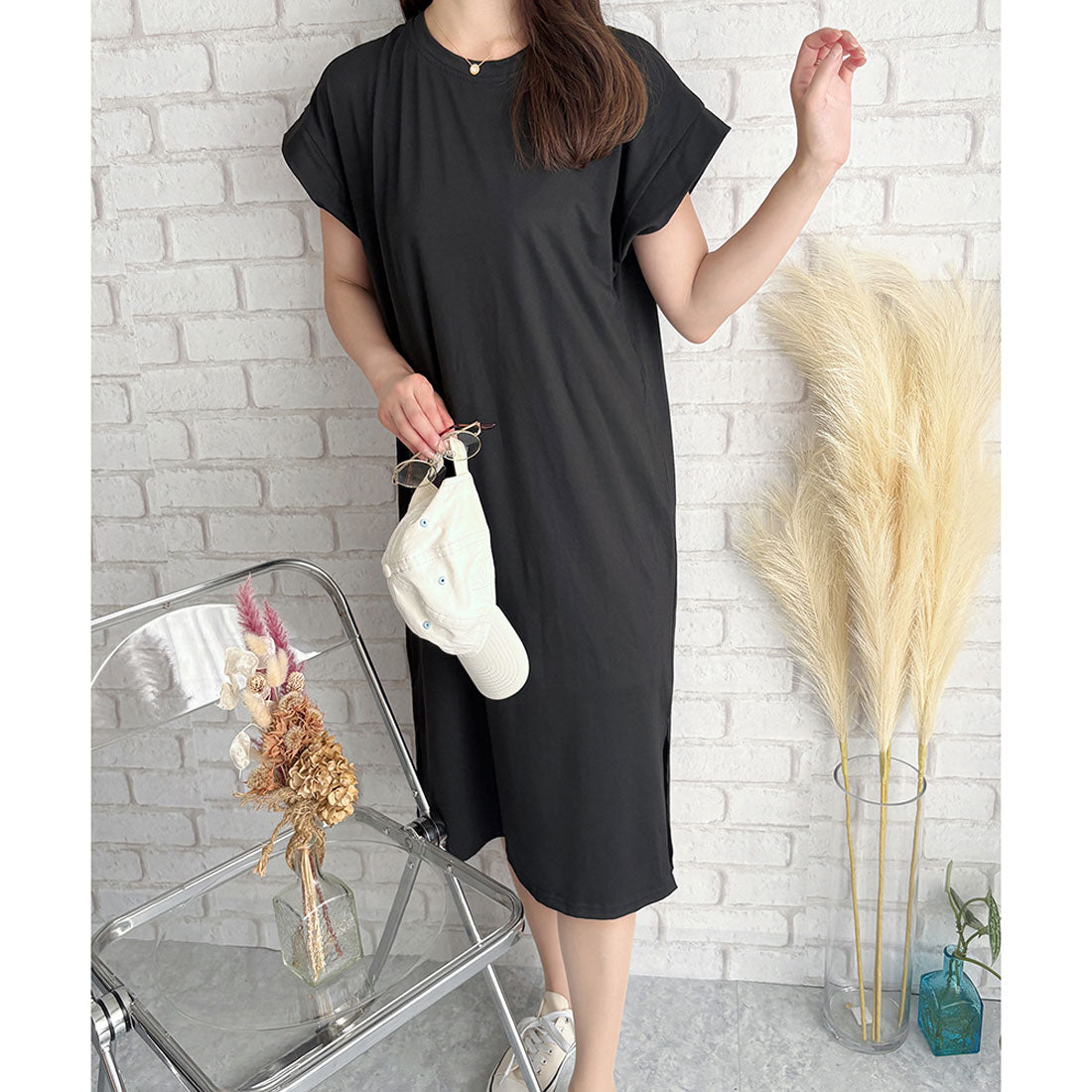 アミュレット Amulet 半袖ロングTシャツワンピース 夏トップス 半袖 デイリー ラフ マキシ シャツ 着回し オフィス カジュアル シンプル 体型カバー 軽やか スリット （ホワイト） ホワイト