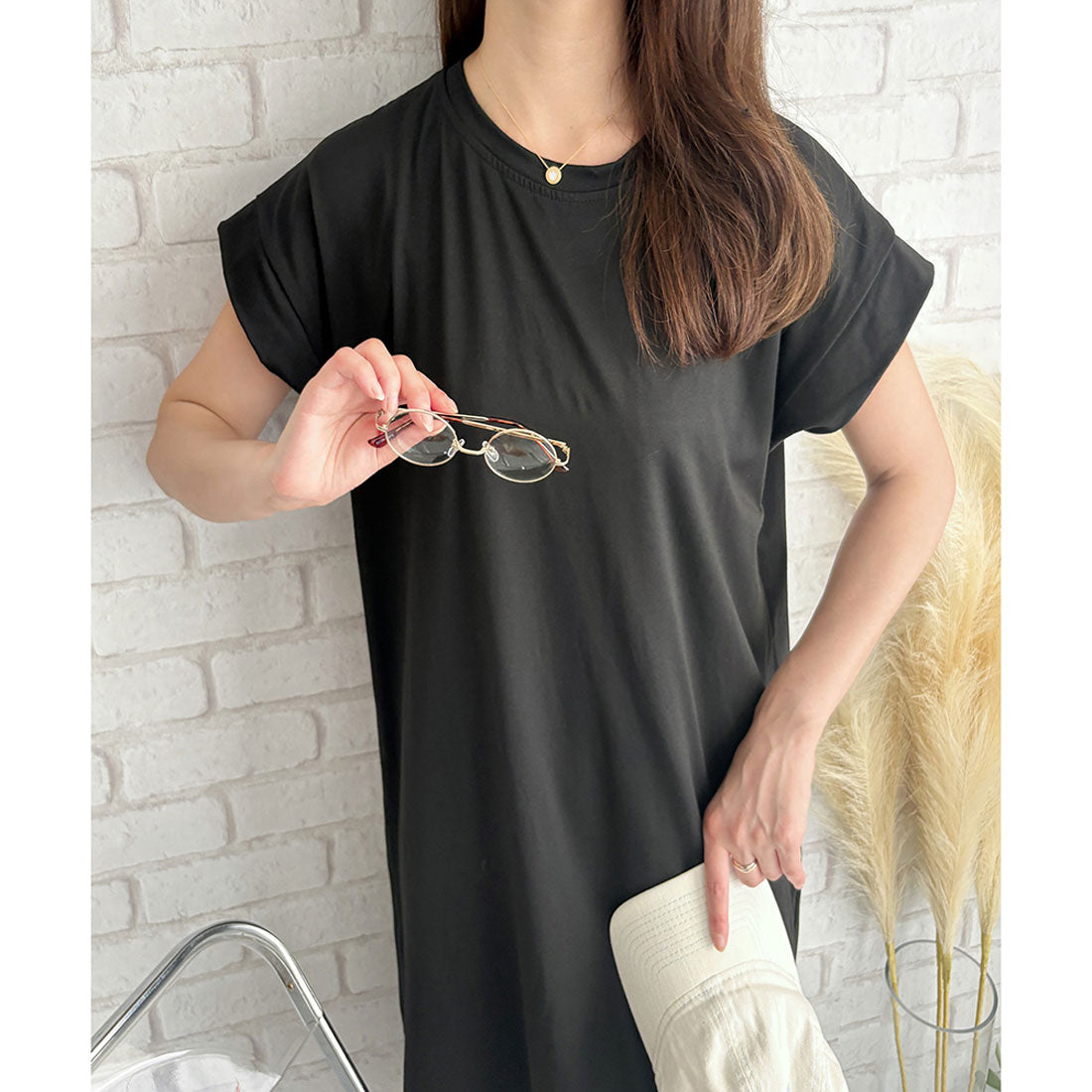 アミュレット Amulet 半袖ロングTシャツワンピース 夏トップス 半袖 デイリー ラフ マキシ シャツ 着回し オフィス カジュアル シンプル 体型カバー 軽やか スリット （ホワイト） ホワイト