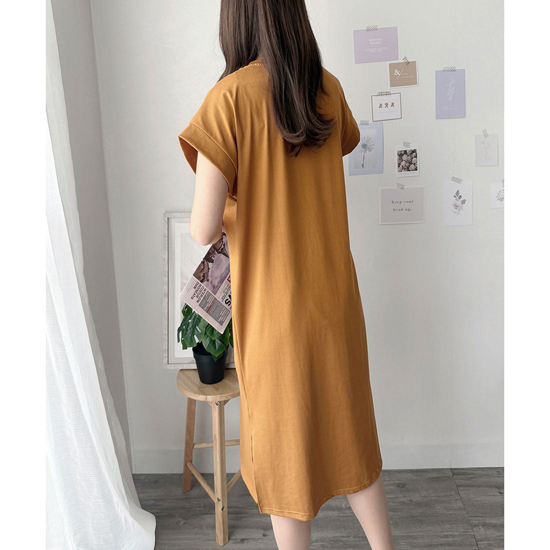 アミュレット Amulet 半袖ロングTシャツワンピース 夏トップス 半袖 デイリー ラフ マキシ シャツ 着回し オフィス カジュアル シンプル 体型カバー 軽やか スリット （ホワイト） ホワイト