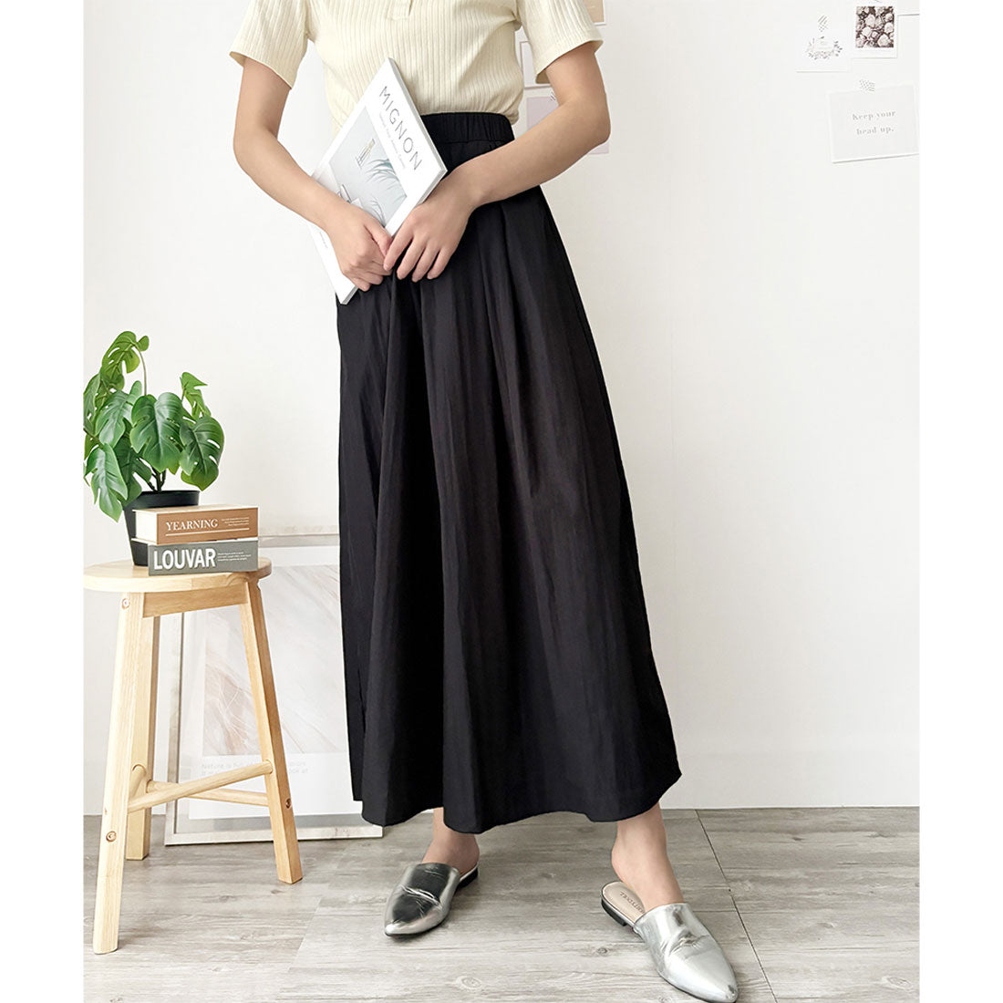 アミュレット Amulet ワイドフレアロングパンツ フレア パンツ 体型カバー ゴム 韓国 ファッション レディース 春夏 着回し ガウチョパンツ 軽やか 通勤 旅行 （アイボリー） アイボリー