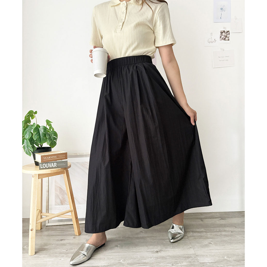 アミュレット Amulet ワイドフレアロングパンツ フレア パンツ 体型カバー ゴム 韓国 ファッション レディース 春夏 着回し ガウチョパンツ 軽やか 通勤 旅行 （アイボリー） アイボリー