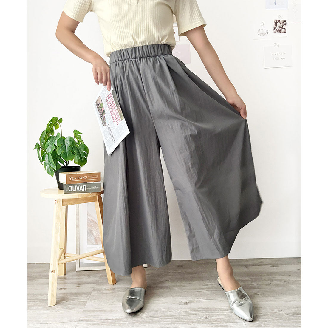 アミュレット Amulet ワイドフレアロングパンツ フレア パンツ 体型カバー ゴム 韓国 ファッション レディース 春夏 着回し ガウチョパンツ 軽やか 通勤 旅行 （アイボリー） アイボリー