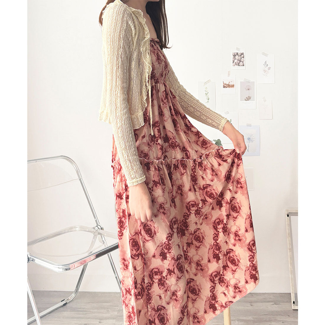 アミュレット Amulet 花柄シャーリングマキシワンピース レディース カジュアル ロング丈 ノースリーブ 春 夏 フラワー柄 フリル 上品 大人 かわいい 韓国 ゆったり （ブラック） ブラック
