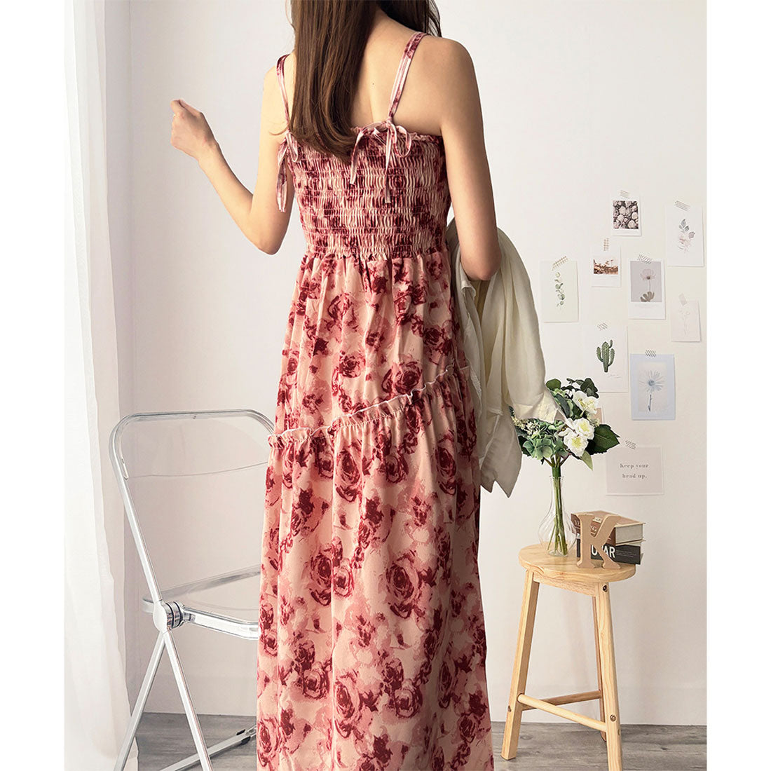 アミュレット Amulet 花柄シャーリングマキシワンピース レディース カジュアル ロング丈 ノースリーブ 春 夏 フラワー柄 フリル 上品 大人 かわいい 韓国 ゆったり （ブラック） ブラック