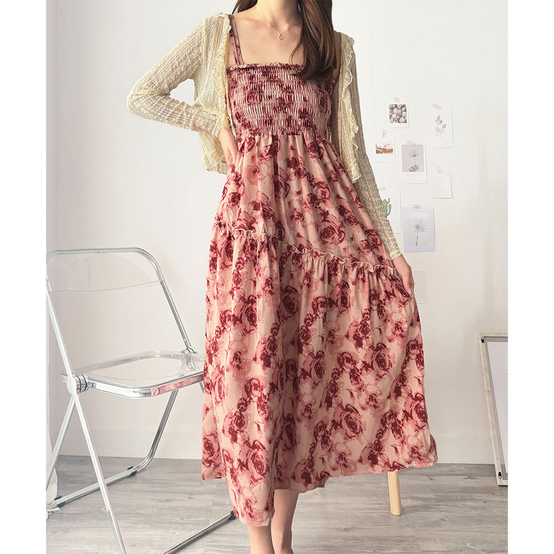 アミュレット Amulet 花柄シャーリングマキシワンピース レディース カジュアル ロング丈 ノースリーブ 春 夏 フラワー柄 フリル 上品 大人 かわいい 韓国 ゆったり （ピンク） ピンク
