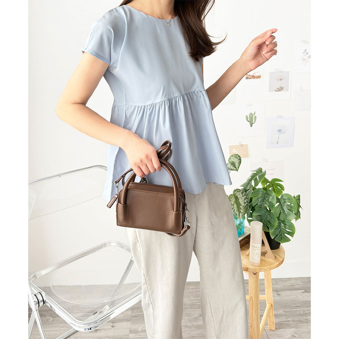 アミュレット Amulet バックリボン半袖ブラウス レディース トップス 無地 ガーリー 韓国風 春服 夏服 大人可愛い シンプル お出かけ カジュアル ゆったり フレア （ブルー） ブルー