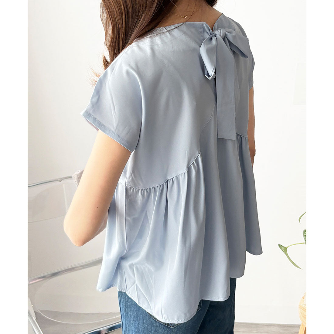 アミュレット Amulet バックリボン半袖ブラウス レディース トップス 無地 ガーリー 韓国風 春服 夏服 大人可愛い シンプル お出かけ カジュアル ゆったり フレア （ブルー） ブルー