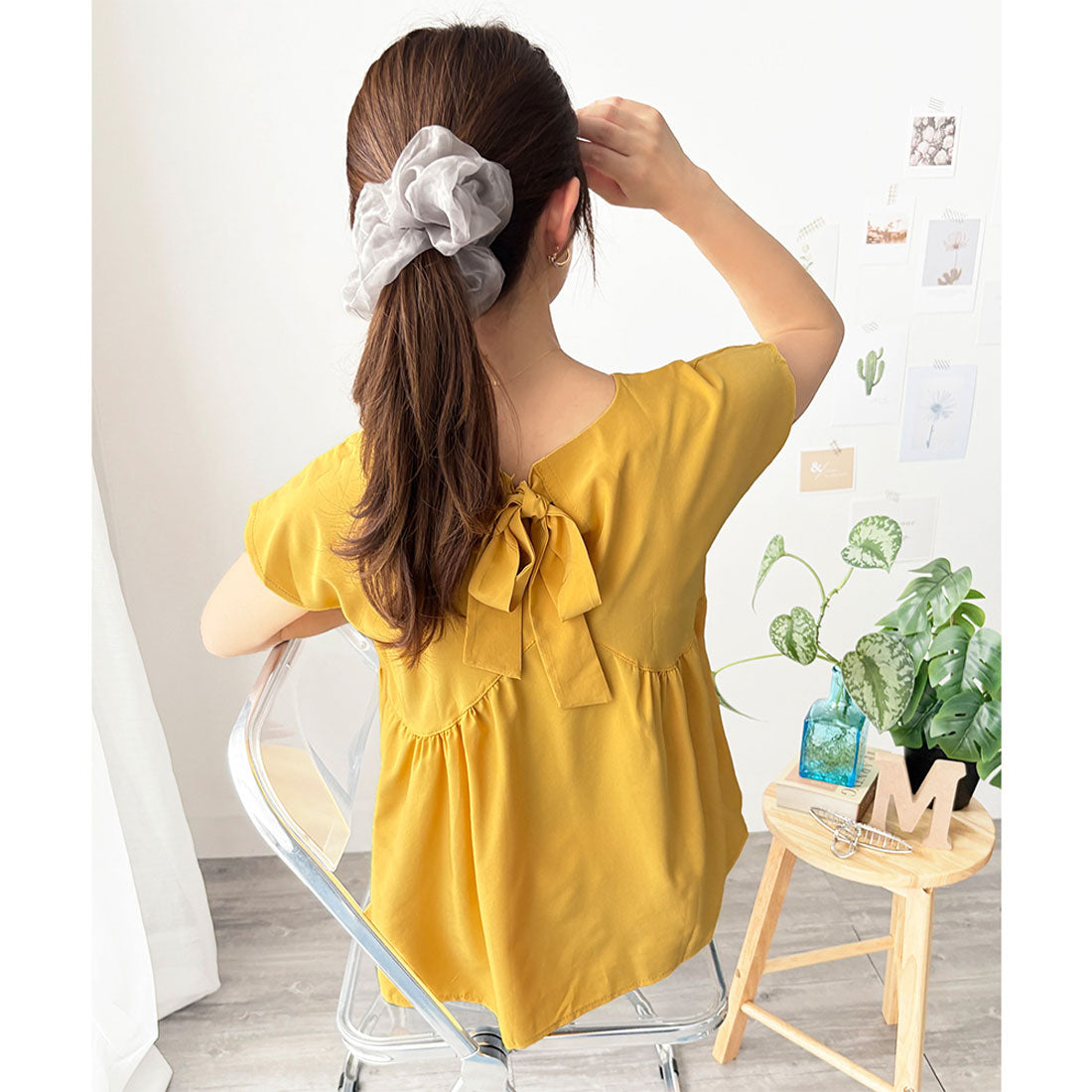 アミュレット Amulet バックリボン半袖ブラウス レディース トップス 無地 ガーリー 韓国風 春服 夏服 大人可愛い シンプル お出かけ カジュアル ゆったり フレア （ブルー） ブルー