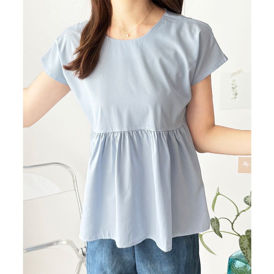 アミュレット Amulet バックリボン半袖ブラウス レディース トップス 無地 ガーリー 韓国風 春服 夏服 大人可愛い シンプル お出かけ カジュアル ゆったり フレア （ブルー） ブルー