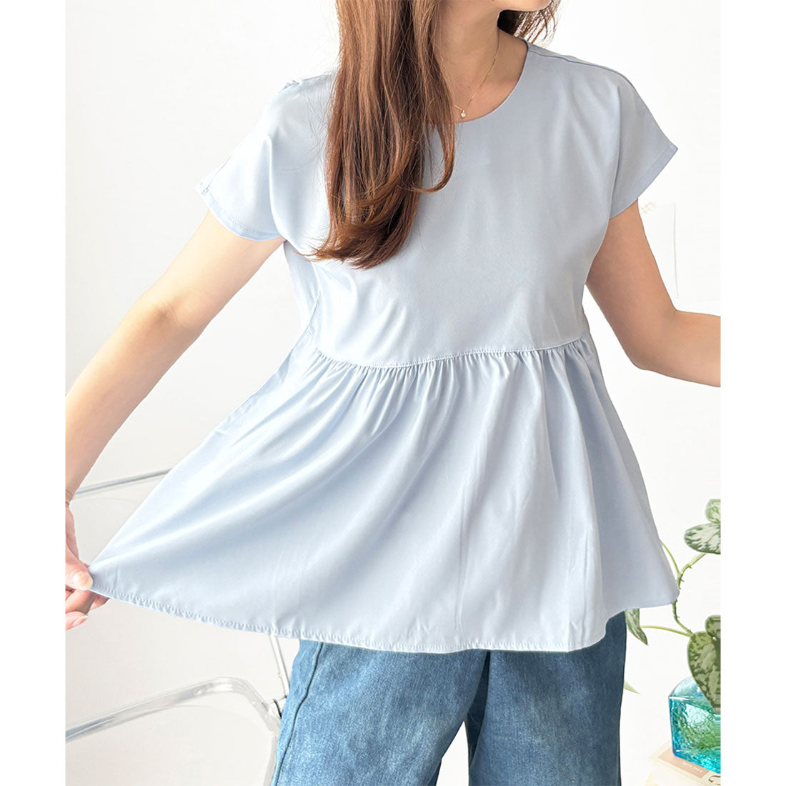 アミュレット Amulet バックリボン半袖ブラウス レディース トップス 無地 ガーリー 韓国風 春服 夏服 大人可愛い シンプル お出かけ カジュアル ゆったり フレア （ブルー） ブルー