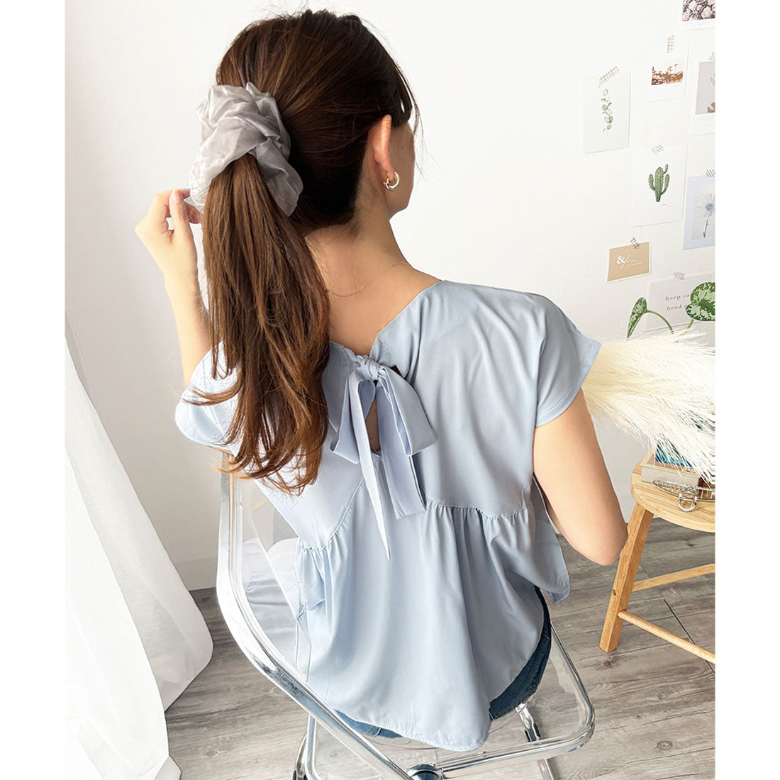アミュレット Amulet バックリボン半袖ブラウス レディース トップス 無地 ガーリー 韓国風 春服 夏服 大人可愛い シンプル お出かけ カジュアル ゆったり フレア （ブルー） ブルー