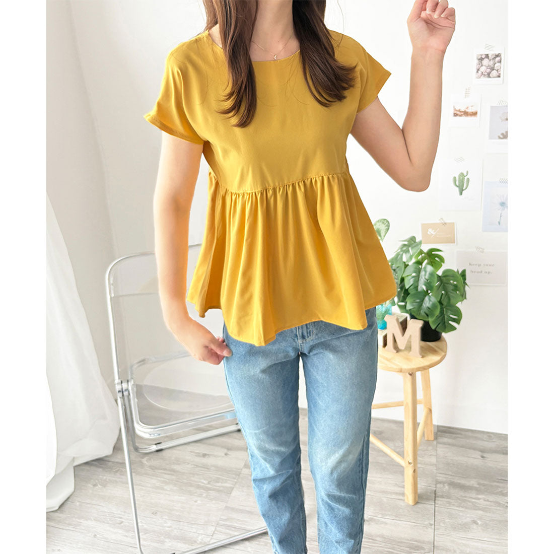 アミュレット Amulet バックリボン半袖ブラウス レディース トップス 無地 ガーリー 韓国風 春服 夏服 大人可愛い シンプル お出かけ カジュアル ゆったり フレア （ブルー） ブルー