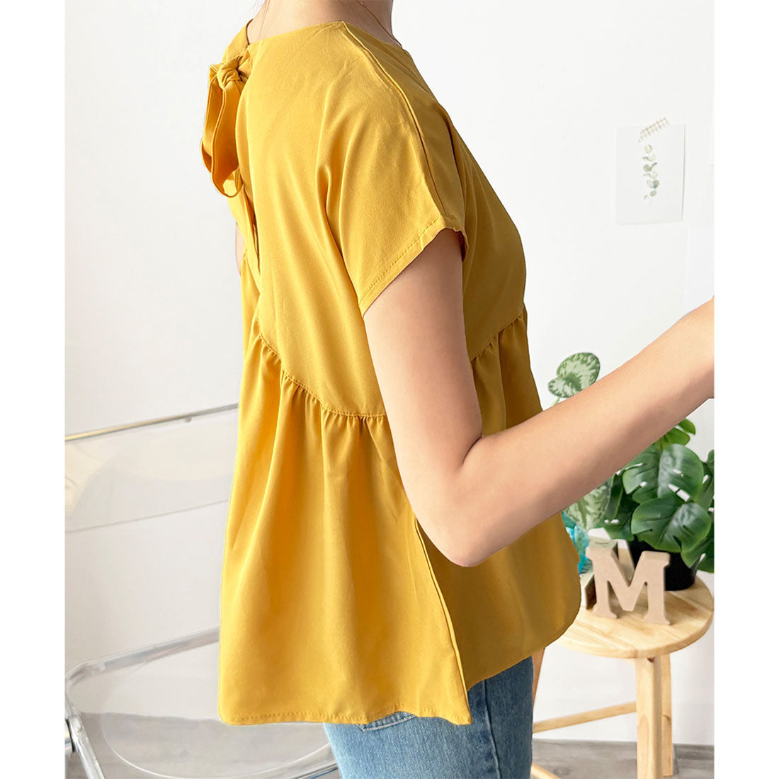 アミュレット Amulet バックリボン半袖ブラウス レディース トップス 無地 ガーリー 韓国風 春服 夏服 大人可愛い シンプル お出かけ カジュアル ゆったり フレア （ブルー） ブルー