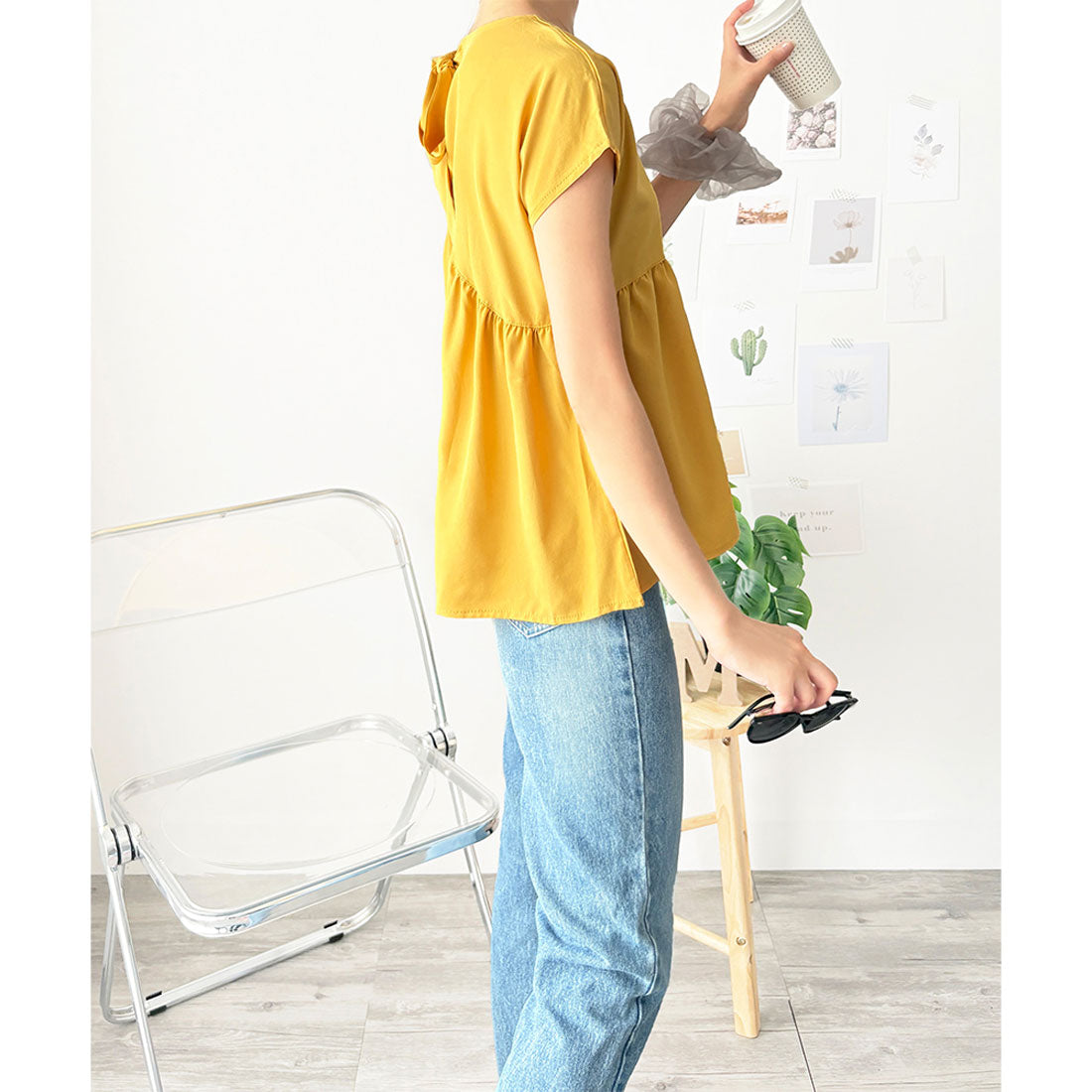 アミュレット Amulet バックリボン半袖ブラウス レディース トップス 無地 ガーリー 韓国風 春服 夏服 大人可愛い シンプル お出かけ カジュアル ゆったり フレア （ブルー） ブルー