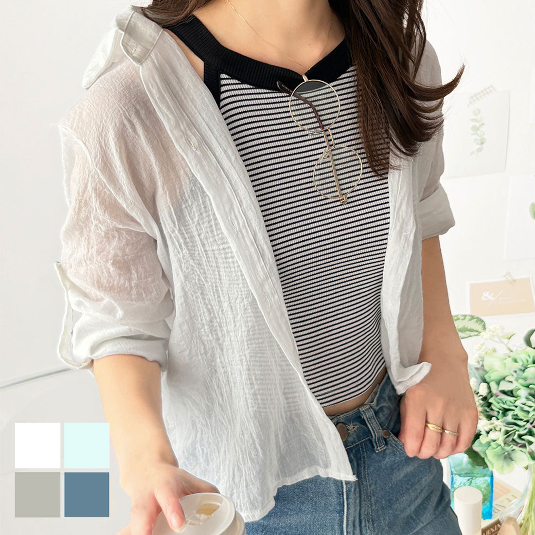 アミュレット Amulet リネン風シアーシャツ レディース 長袖 透け感 トップス 薄手 春 夏 きれいめ カジュアル ブラウス 重ね着 トップス 無地 シンプル オフィス （ホワイト） ホワイト