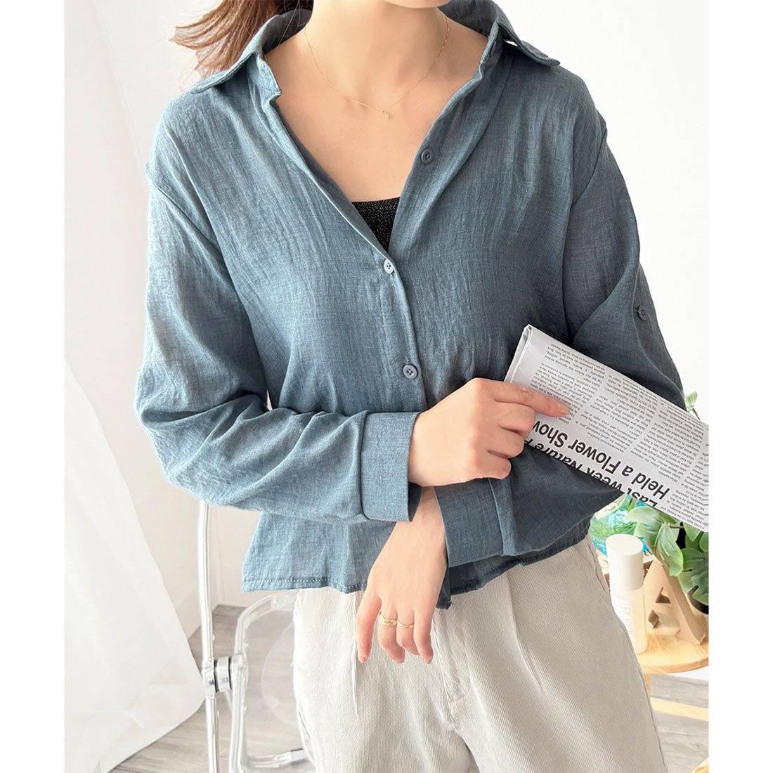 アミュレット Amulet リネン風シアーシャツ レディース 長袖 透け感 トップス 薄手 春 夏 きれいめ カジュアル ブラウス 重ね着 トップス 無地 シンプル オフィス （ホワイト） ホワイト