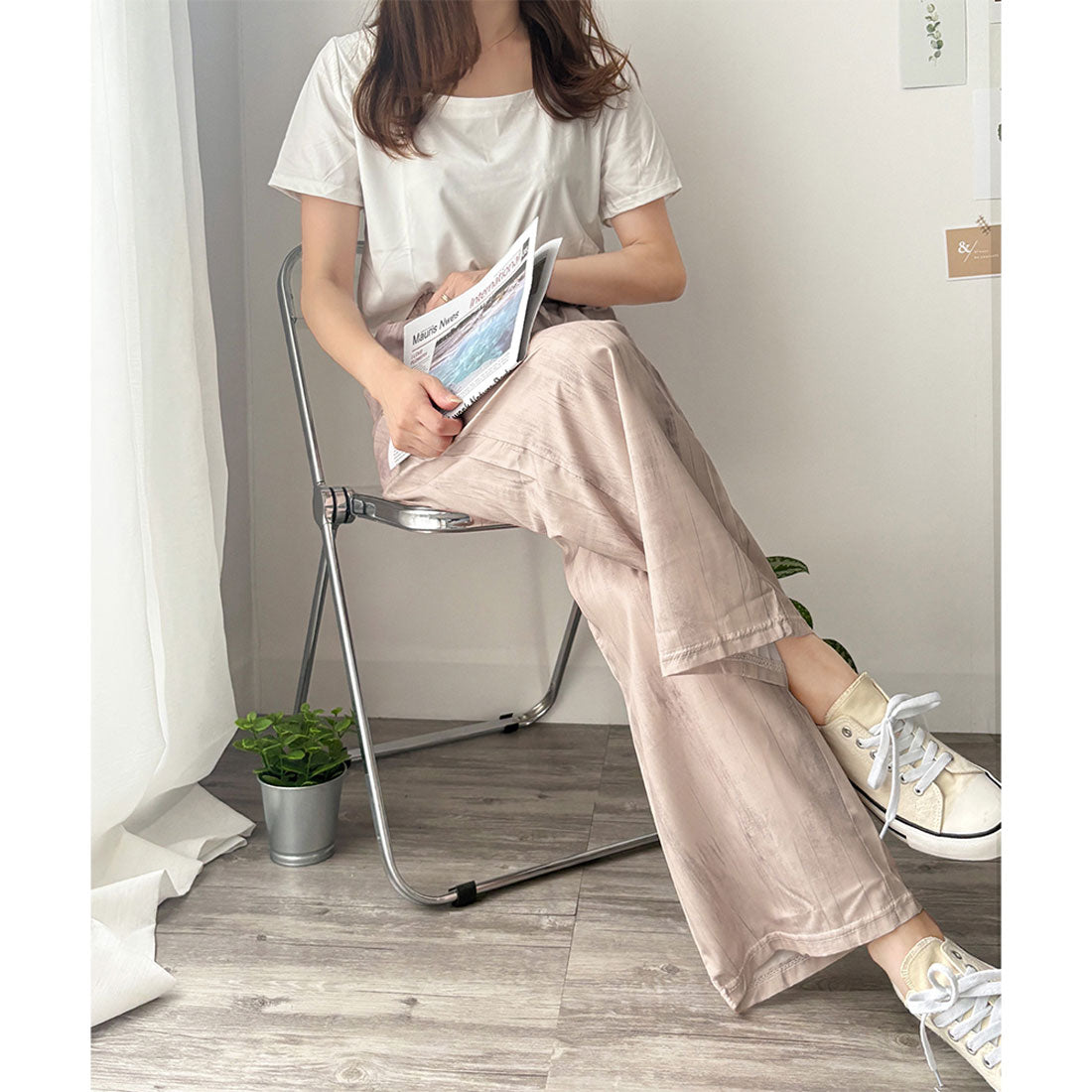 アミュレット Amulet ニュアンス柄ストレートパンツ リラックスパンツ ゆったり ウエストゴム ロング丈 涼しい カジュアル お出かけ 散歩 普段着 ゆる らくちん 黒 （ベージュ） ベージュ