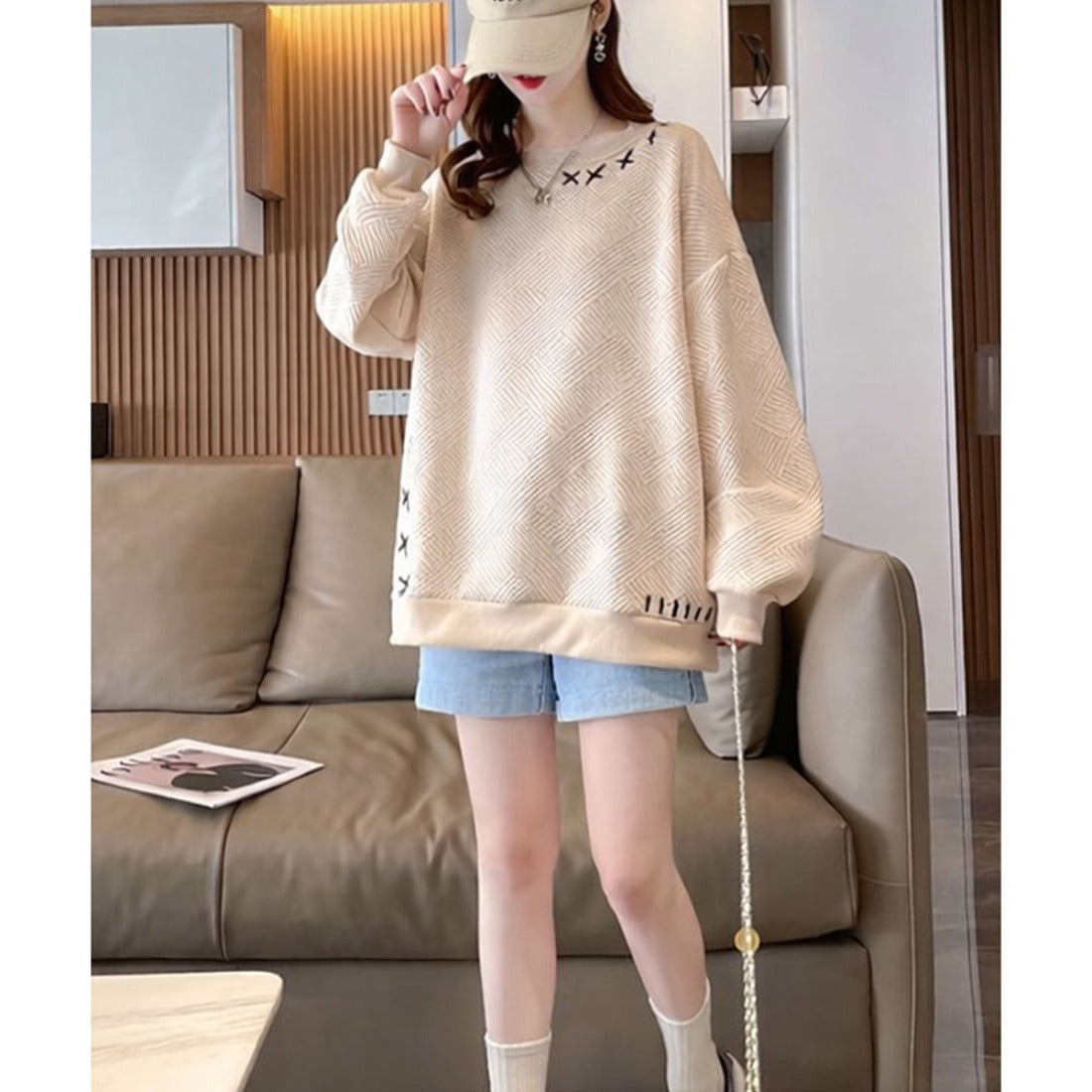 アミュレット Amulet 配色刺繍プルオーバー ジャガード 立体柄 ビッグシルエット 長袖 ゆったり カジュアル 韓国 体型カバー 春秋冬 レディース トップス スウェット （ブラック） ブラック