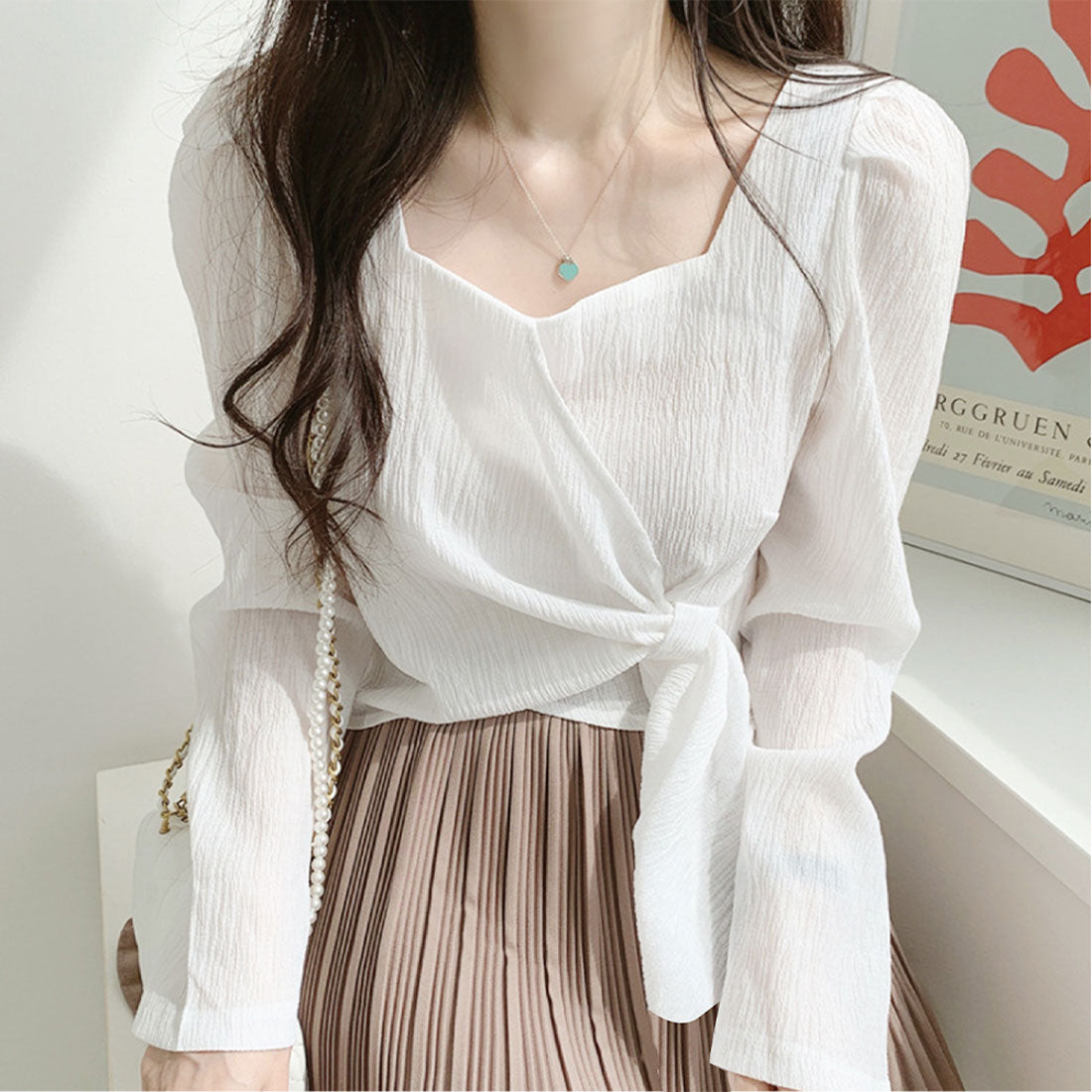 Amulet Washer Ribbon Blouse Long Sleeve Blouse Women's Fashion Women's Asymmetrical Tops Shirt Blouse Washer Ribbon Beautiful Adult Cute