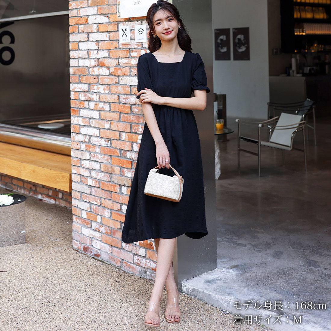 アミュレット Amulet パフスリーブワンピース 半袖 レディース ワンピース 無地 スクエアネック ボリューム袖 可愛い