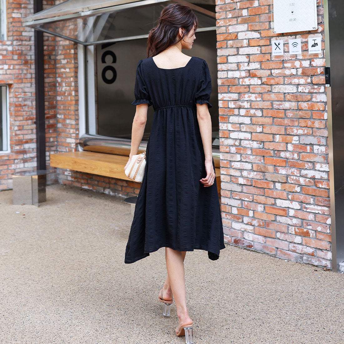 アミュレット Amulet パフスリーブワンピース 半袖 レディース ワンピース 無地 スクエアネック ボリューム袖 可愛い