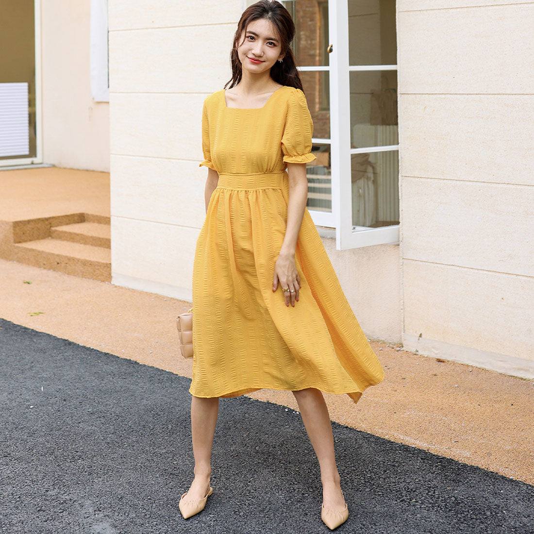 アミュレット Amulet パフスリーブワンピース 半袖 レディース ワンピース 無地 スクエアネック ボリューム袖 可愛い