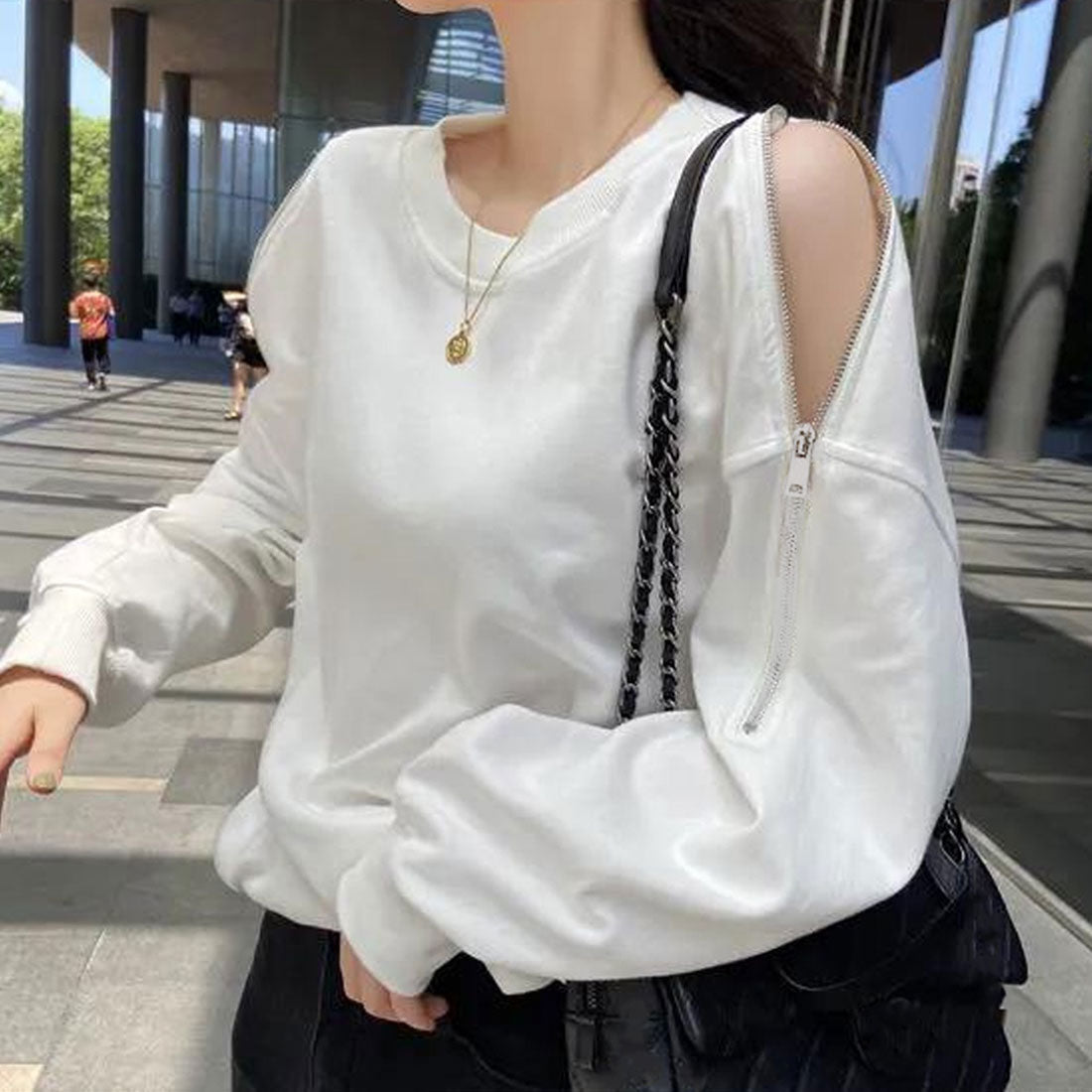 アミュレット Amulet 肩開きデザイントレーナー トップス 長袖 トレーナー 無地 個性的 ファスナーデザイン ゆったり 着痩せ効果