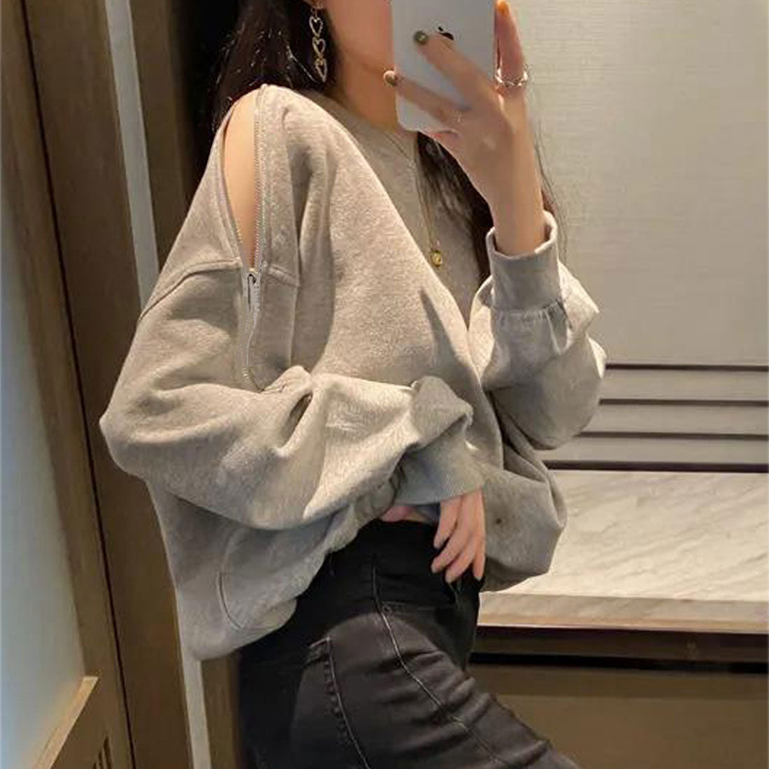 アミュレット Amulet 肩開きデザイントレーナー トップス 長袖 トレーナー 無地 個性的 ファスナーデザイン ゆったり 着痩せ効果