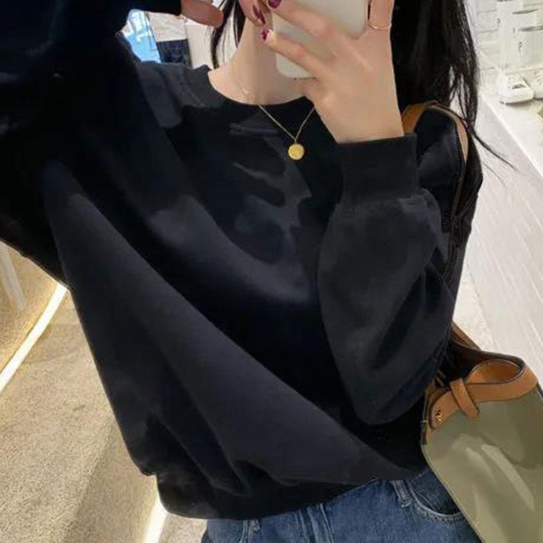 アミュレット Amulet 肩開きデザイントレーナー トップス 長袖 トレーナー 無地 個性的 ファスナーデザイン ゆったり 着痩せ効果