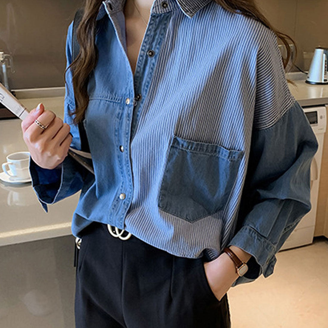 Amulet Denim-style patchwork blouse for women, shirt, long sleeves, top, autumn shirt, collared, striped, casual, adult, unique