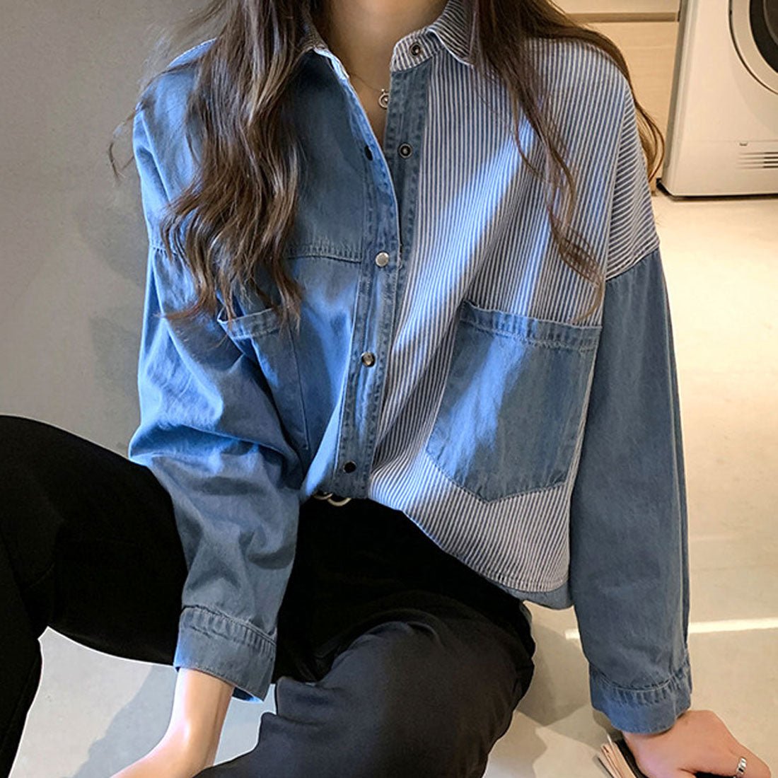 Amulet Denim-style patchwork blouse for women, shirt, long sleeves, top, autumn shirt, collared, striped, casual, adult, unique