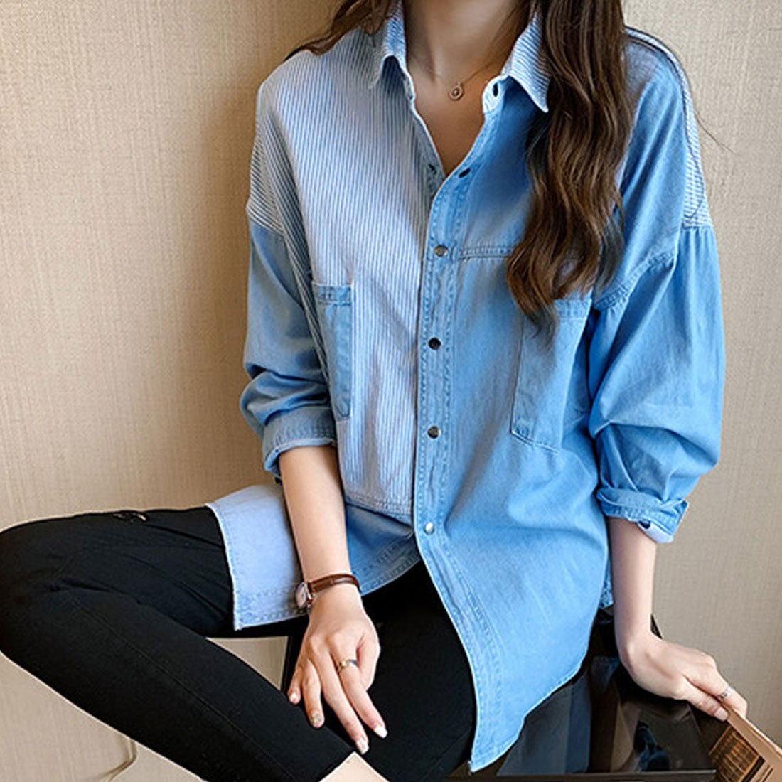Amulet Denim-style patchwork blouse for women, shirt, long sleeves, top, autumn shirt, collared, striped, casual, adult, unique