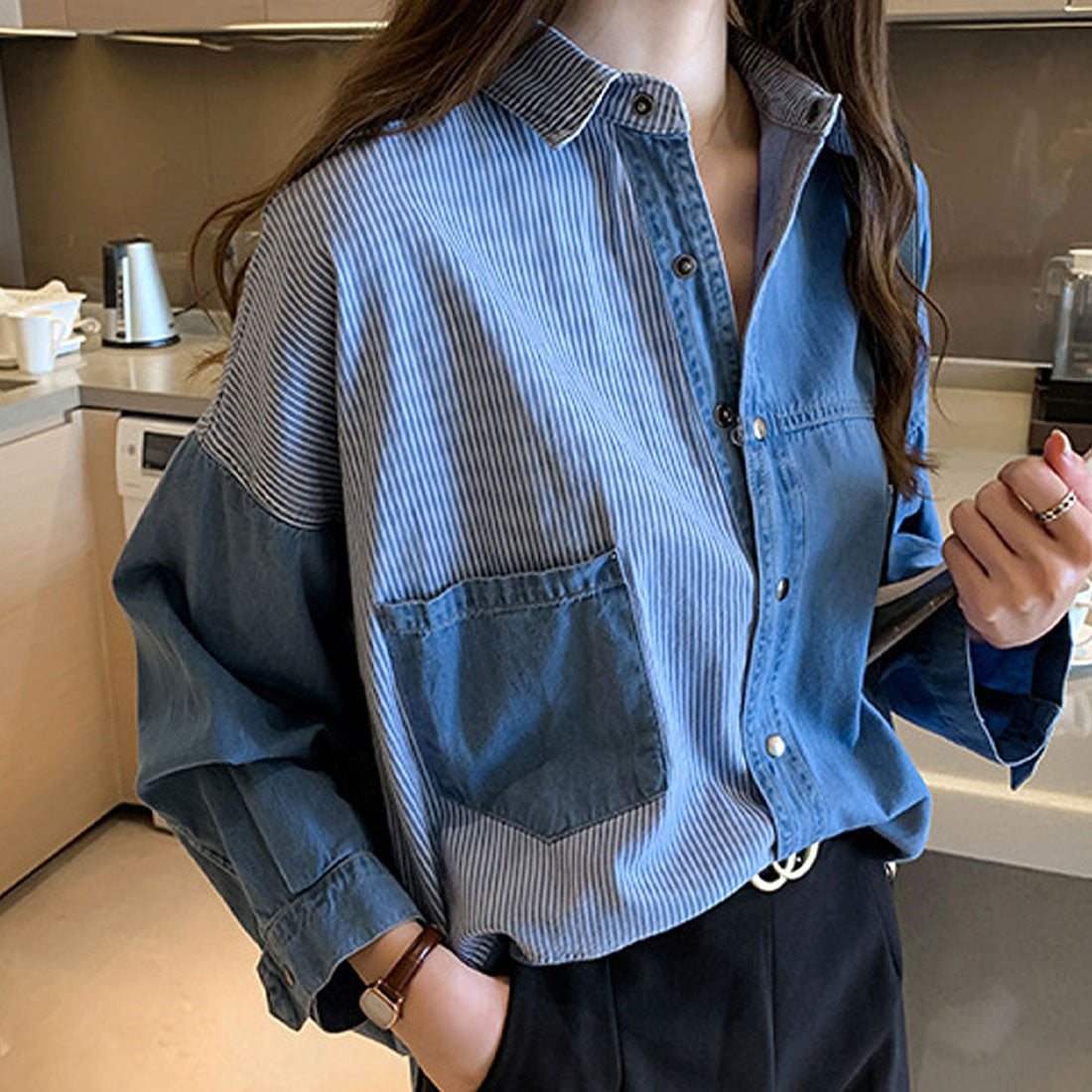 Amulet Denim-style patchwork blouse for women, shirt, long sleeves, top, autumn shirt, collared, striped, casual, adult, unique