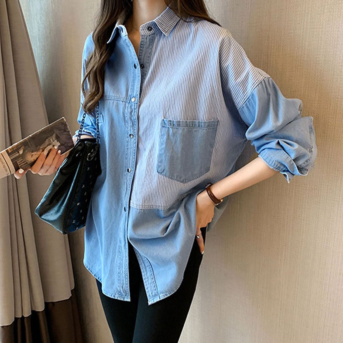 Amulet Denim-style patchwork blouse for women, shirt, long sleeves, top, autumn shirt, collared, striped, casual, adult, unique