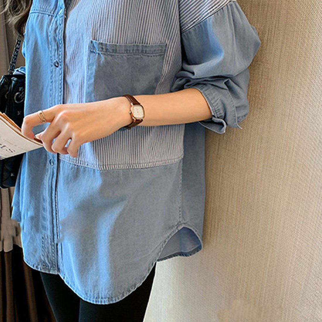 Amulet Denim-style patchwork blouse for women, shirt, long sleeves, top, autumn shirt, collared, striped, casual, adult, unique