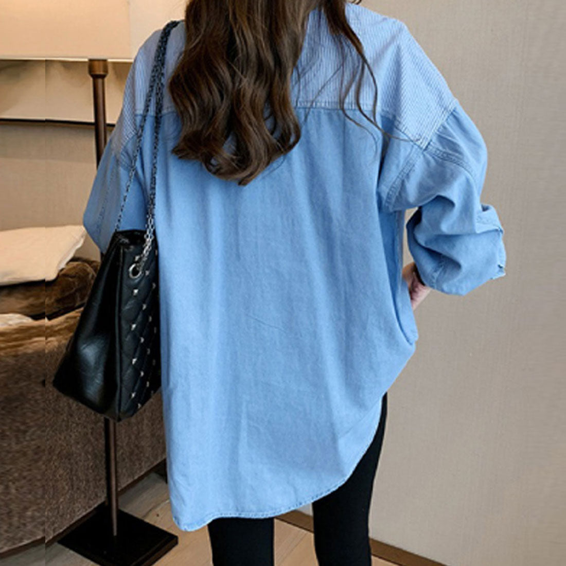 Amulet Denim-style patchwork blouse for women, shirt, long sleeves, top, autumn shirt, collared, striped, casual, adult, unique